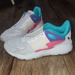 adidas White Sneakers with Teal, Purple & Pink Details